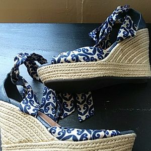 Navy print lace up UGG wedges